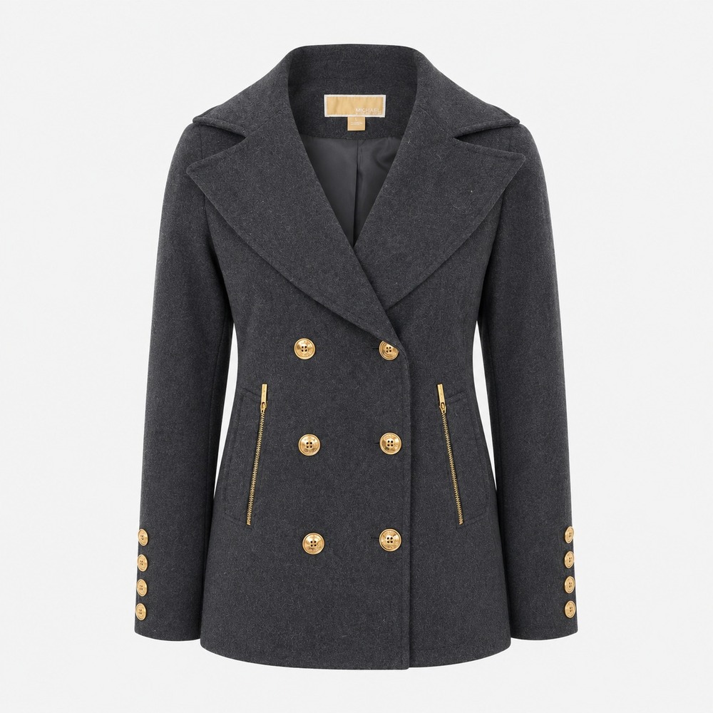 Michael Kors Women Charcoal Gray Wool Blend Peacoat Jacket Size 10 Gold Buttons